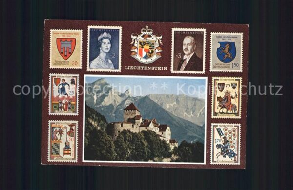 Briefmarken auf Postkarte Fürstentum Liechtenstein Schloss Vaduz