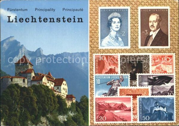 Briefmarken auf Postkarte Fürstentum Liechtenstein Schloss Vaduz