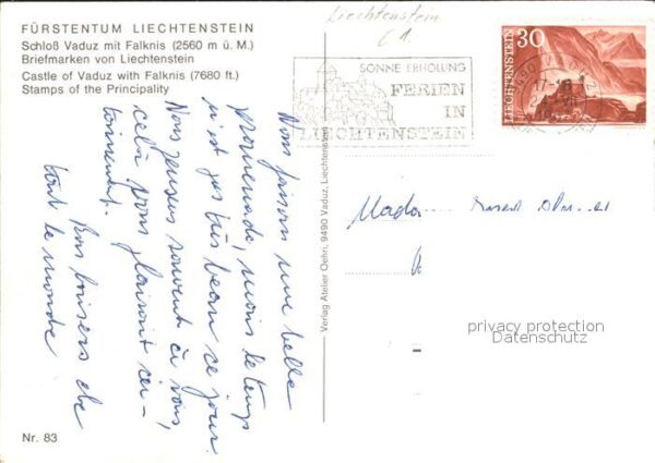 Briefmarken auf Postkarte Fürstentum Liechtenstein Schloss Vaduz – Bild 2