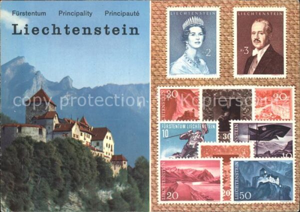 Briefmarken auf Postkarte Fürstentum Liechtenstein Schloss Vaduz