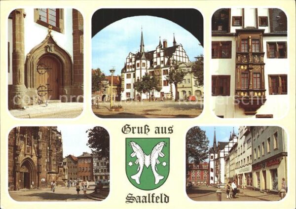 Saalfeld Saale Rathaus Erker am Rathaus Markt Stadtkir