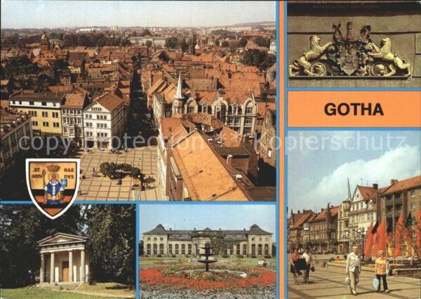 Gotha Thueringen Wappen am Rathaus Neumarkt Blick vom Tu