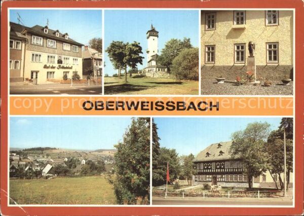 Oberweissbach Rathaus Fröbelturm und Denkmal Teilansi