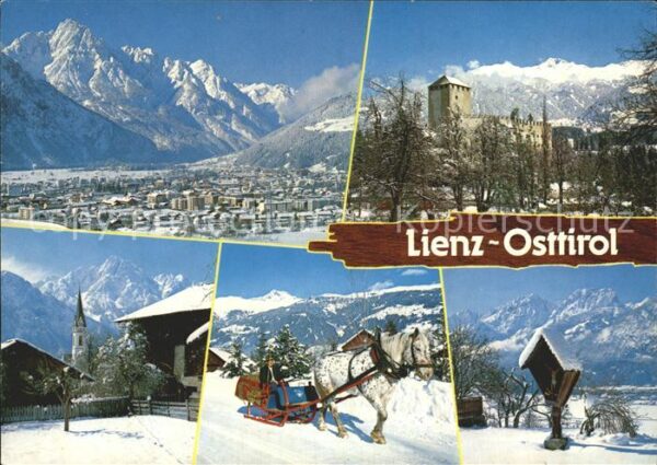 Lienz Tirol Burg Ortsansicht Pferdeschlitten Kirche
