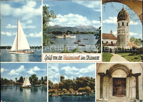 Fraueninsel Chiemsee Segelboot Alpenkette Glockenturm Kloste
