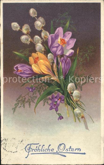 Ostern Easter Paques Weidenkätzchen Krokusse Litho