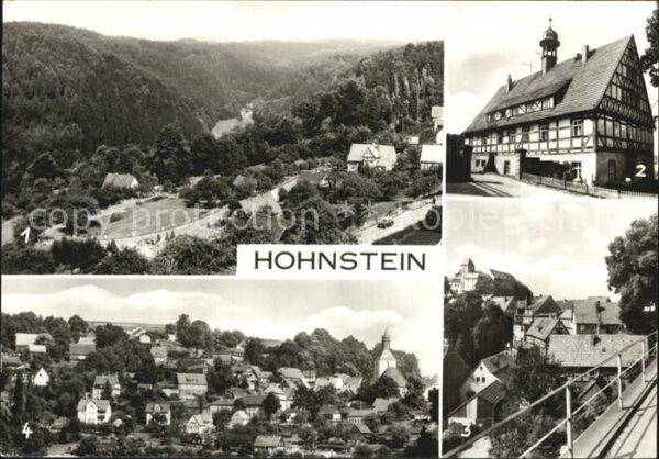 Hohnstein Saechsische Schweiz Panorama Blick von der Burg Rathaus