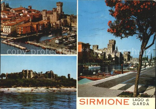 Sirmione Lago di Garda Fliegeraufnahme Hafen mit Burg Ufer