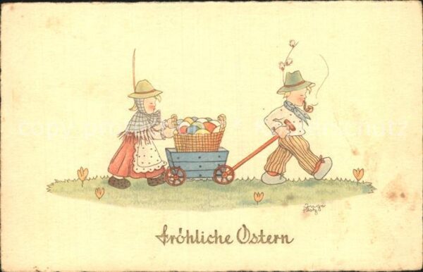 Ostern Easter Paques Holzwagen Ostereier Kinder