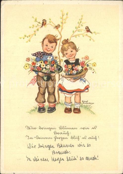 Kuenstlerkarte Liesel Lauterborn Kinder Blumen Vögel