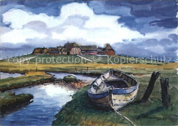 Hallig Langeness Aquarell von Heinz Mroncz Künstlerkarte