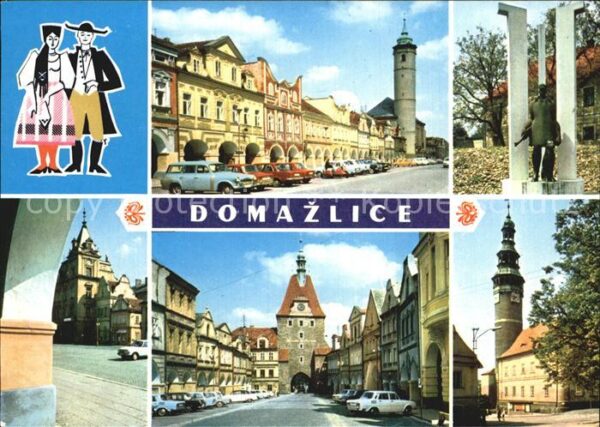 Domazlice Häuserpartie Innenstadt Turm Denkmal St