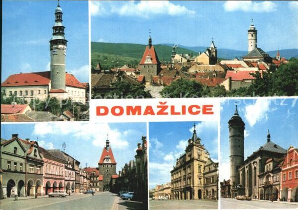 Domazlice Häuserpartie Innenstadt Turm Kirche Tor