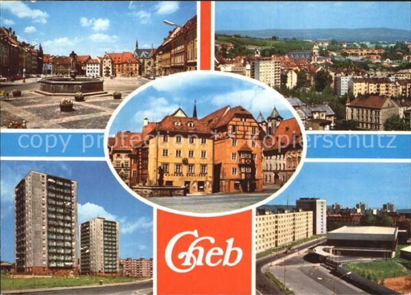 Cheb Eger Markt Brunnen Panorama Hochhäuser