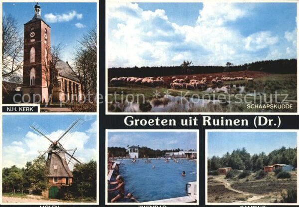 Ruinen Schafsherde Kirche Mühle Freibad Campin