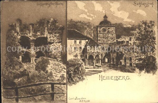 Heidelberg Neckar Schlosshof Turmruine Künstlerkarte
