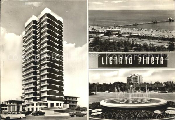Lignano Pineta Hochhaus Strand Seebrücke Brunnen