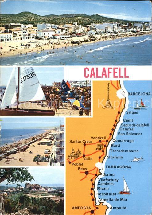 Calafell Strand Segelboot Panorama Burg Landkart