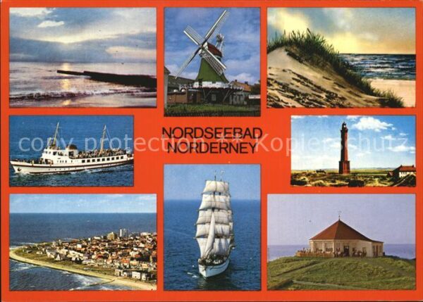 Norderney Nordseebad Strand Windmühle Leuchtturm Segelschiff