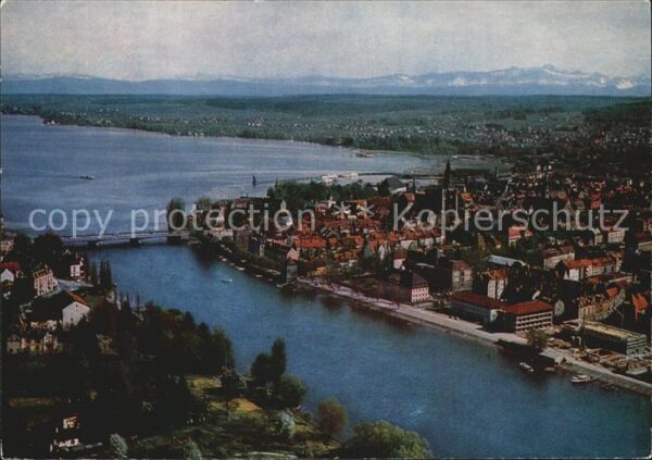 Konstanz Bodensee Fliegeraufnahme Rheinausfluss mit Alpen