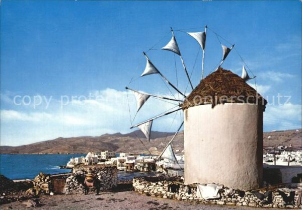 Mykonos Kykladeninsel Aegaeis Windmühle Küste