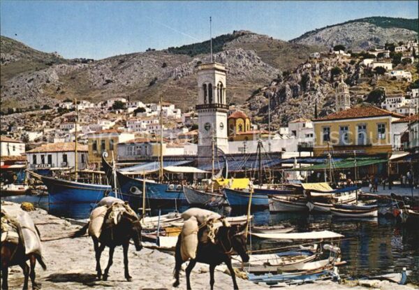 Hydra Greece Partie am Hafen Esel Lasttiere Fischkut