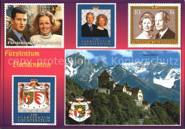 Briefmarken auf Postkarte Fürstentum Liechtenstein Schloss Vaduz