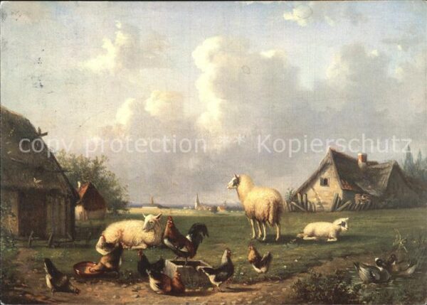 Kuenstlerkarte Cornelius Van Leemputten Hühnerhof Hahn