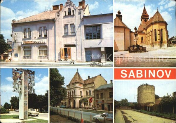 Sabinov Tschechische Republik Cafe Kirche Platz Denkmal Turm Stadtmau