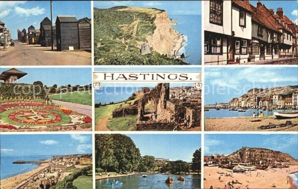 Hastings East Sussex Dorfmotive Steilküste Blumenuhr Ruine S
