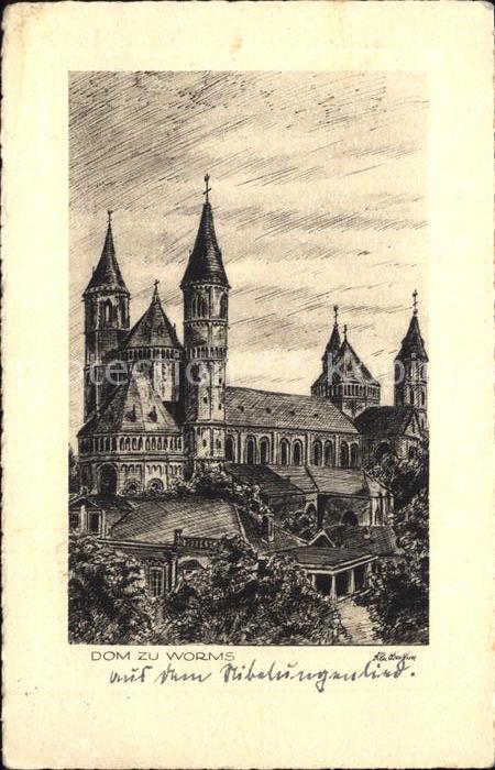 Worms Rhein Dom Zeichnung Künstlerkarte