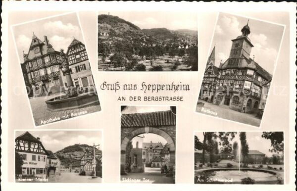 Heppenheim Bergstrasse Apotheke mit Brunnen Panorama Rathaus K
