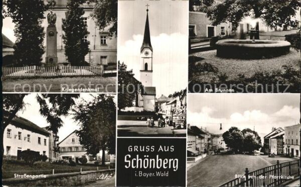 Schoenberg Bayerischer Wald Kriegerdenkmal Kirche Brunnen Strassenp