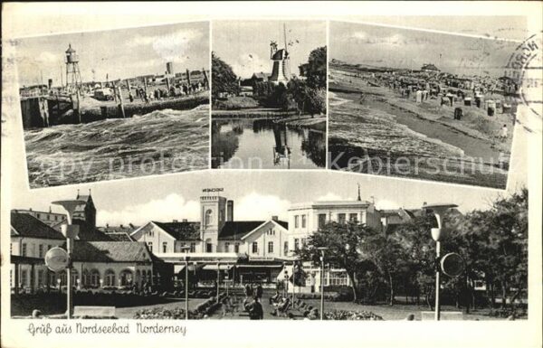 Norderney Nordseebad Brandung Windmühle Strand Ortspartie