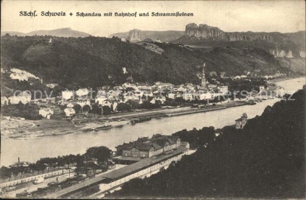 Schandau Bad mit Bahnhof und Schrammsteinen Elbe Elb