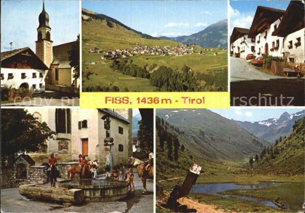 Fiss Tirol Ortspartie mit Kirche Brunnen Pferde Al