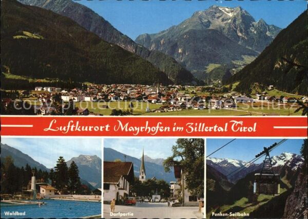 Mayrhofen Zillertal Waldbad Dorfpartie Penken Seilbahn Pano