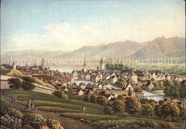 Kuenstlerkarte J.B. Isenring Zürich Stadtansicht