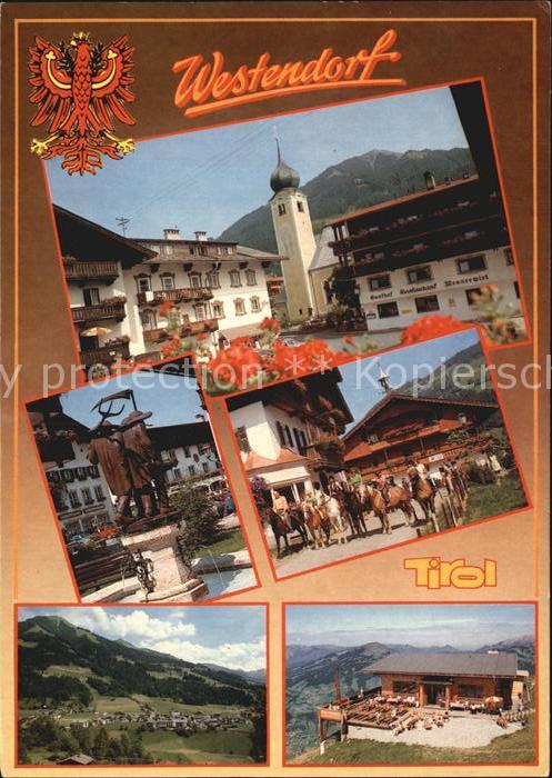 Westendorf Tirol Kirche Brunnen Reiterschar Panorama Ber