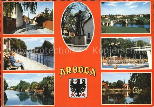 Arboga Orts und Teilansichten Statue Schwimmba