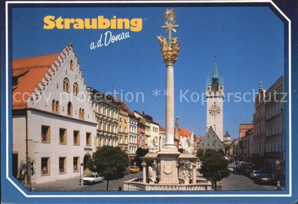 Straubing Dreifalitgkeitssäule mit Stadtturm