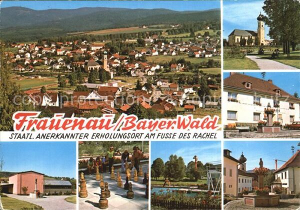 Frauenau Panorama Kirche Brunnen Rathaus Gartens