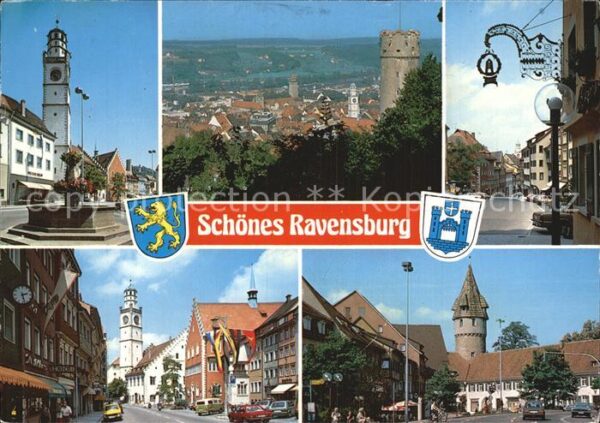 Ravensburg Wuerttemberg Brunnen Kirche panorama Burgturm Strass