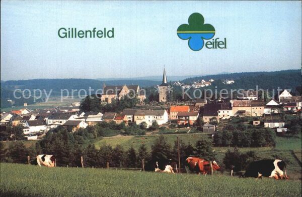 Gillenfeld Eifel Ortsansicht mit Kirche Viehweide Kühe