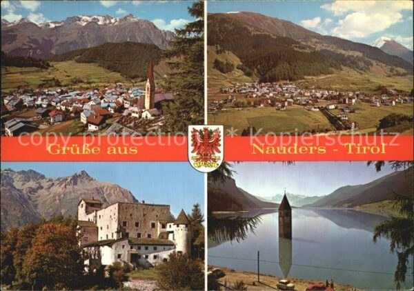 Nauders Tirol Teilansicht mit Kirche Burg See