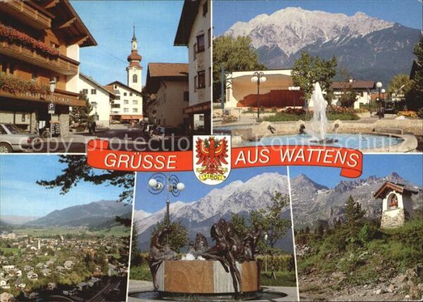 Wattens Kirche Teilansicht Brunnen Wegekreuz
