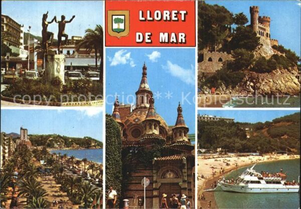 Lloret de Mar Brunnen Burg Kirche Strand Motorjacht