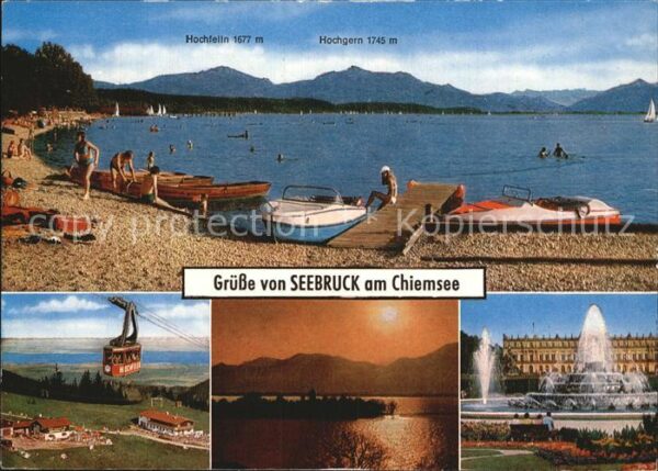 Seebruck Chiemsee Badestelle mit Motorbooten Seilbahn Son