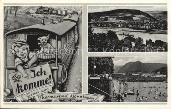 Hoenningen Bad Grußkarte Eisenbahn Schwimmbad Panorama