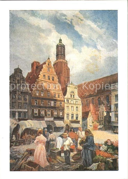 Breslau Niederschlesien Ring mit Elisabethkirche Künstlerkarte